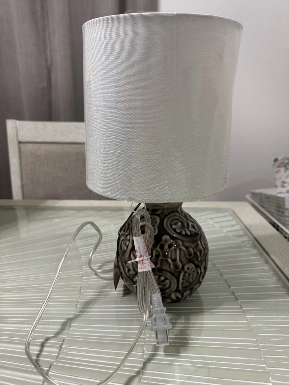 Ornate Brown Ceramic Table Lamp with White Shade 14in